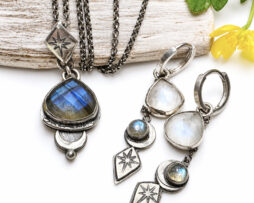 Handgefertigtes Schmuckset aus oxidiertem 925er Silber mit Mond- und Nordstern-Motiv, bestehend aus einer Gliederkette mit Labradorit-Anhänger und runden Ohrhängern mit weiß schimmerndem, geschnitztem Quarz, dekoriert auf Holz mit gelben Blumen.